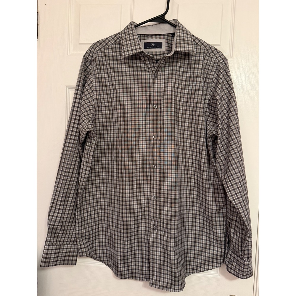Hart Schaffner Marx Mens Grey Plaid 100% Cotton Button Down Shirt Large